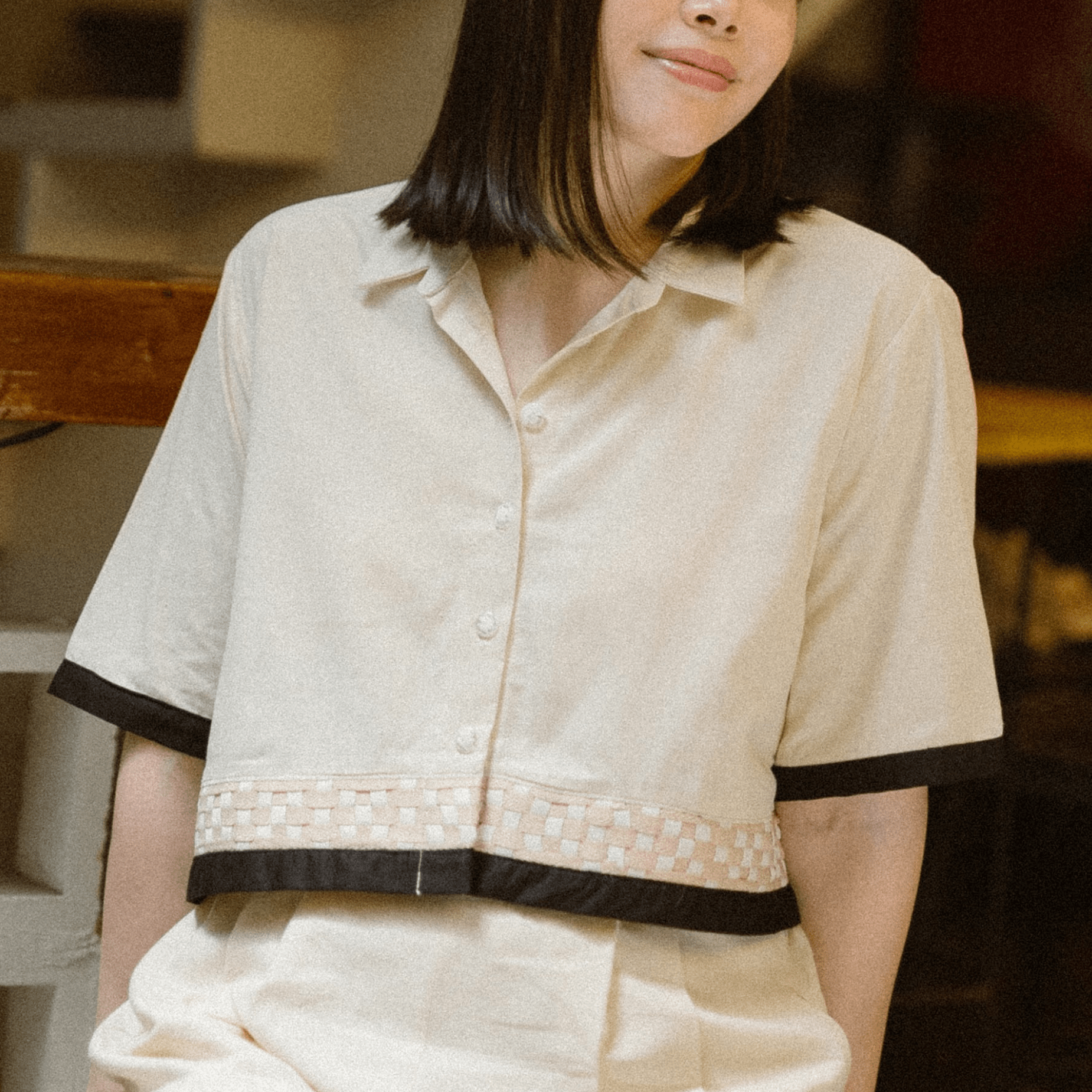 Dito at Doon Cropped Button-down Top Black & Beige Fashion Rags2Riches