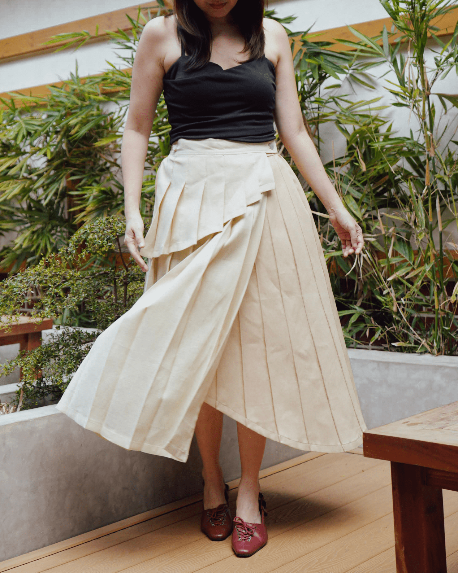 2-Way Pleated Wrap Skirt Beige Fashion R2R On Repeat