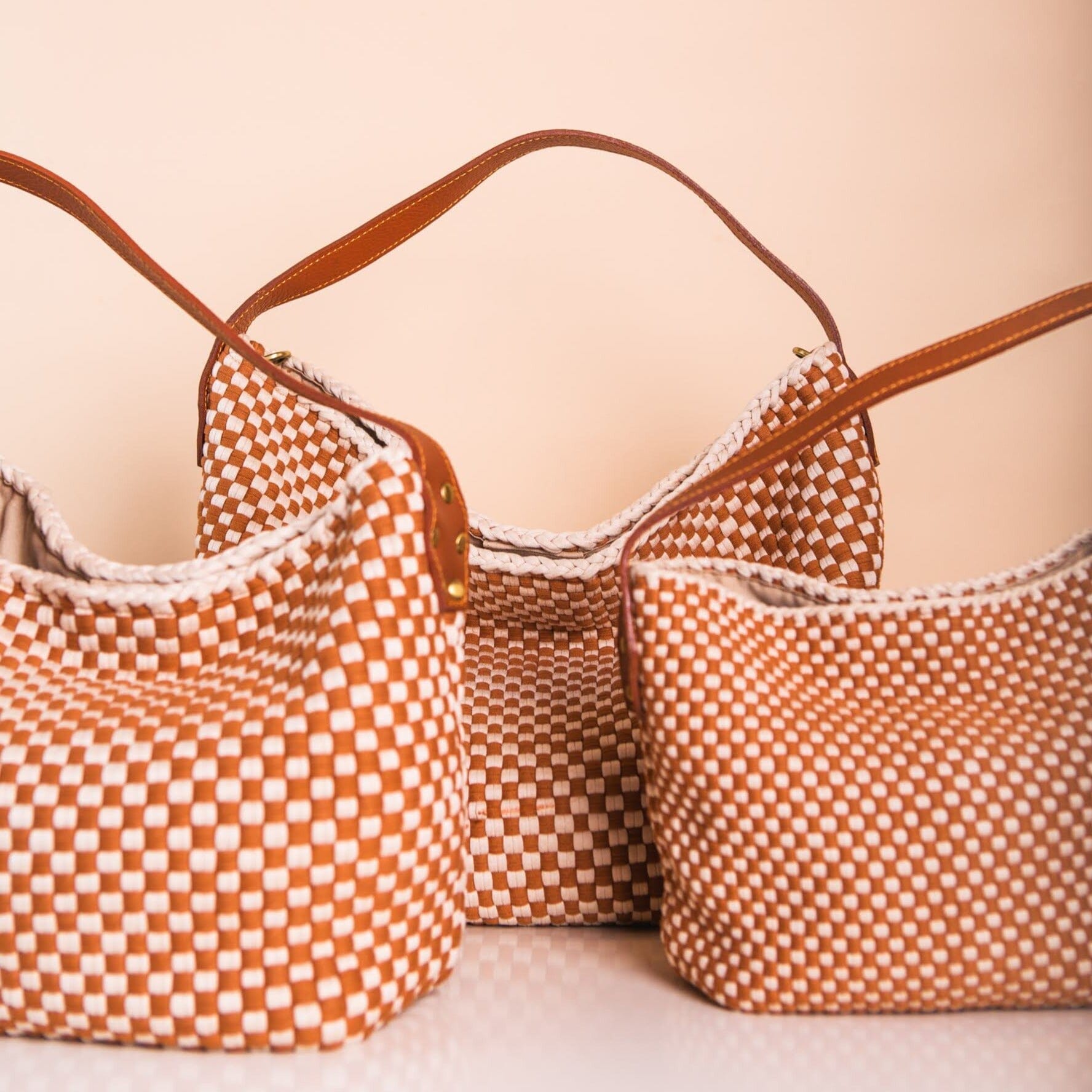 Buslo Mini Checkerboard Tan & Beige with Longer Handle Fashion Rags2Riches