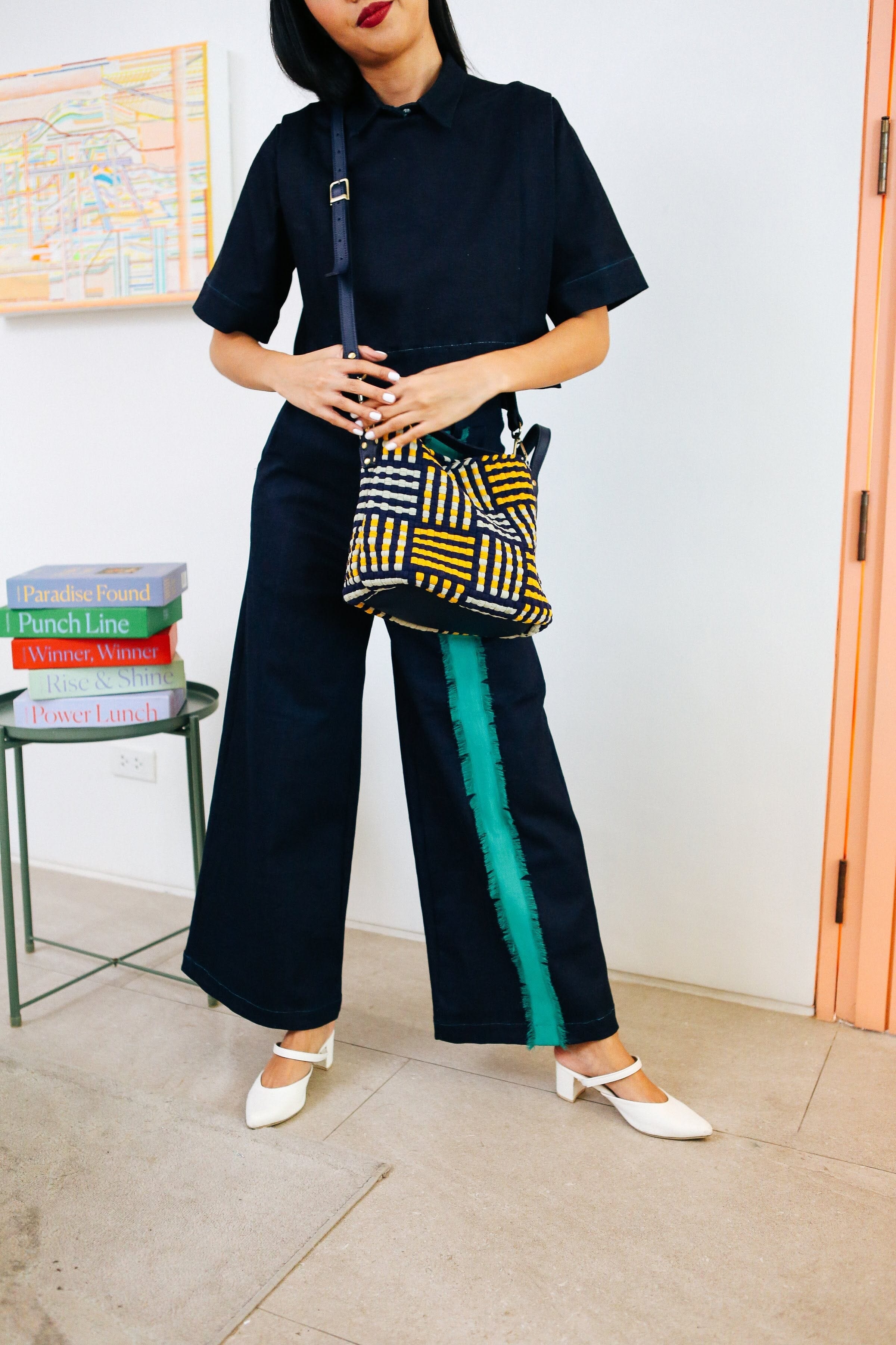 Buslo Mini Mat Pattern Navy & Yellow with Longer Handle