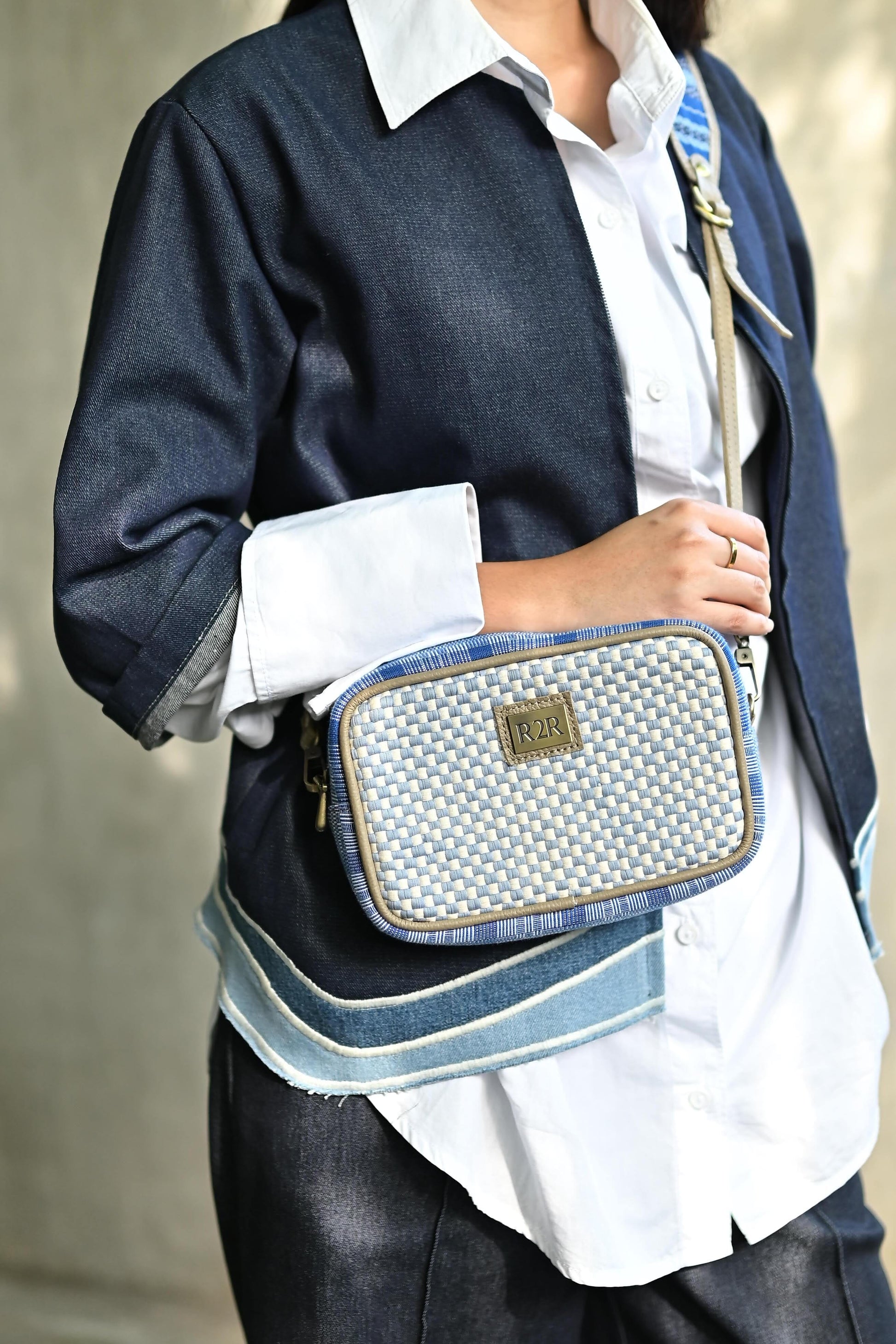 [Ready Today] Kamara Crossbody Light Blue & Beige Checkerboard Fashion Rags2Riches