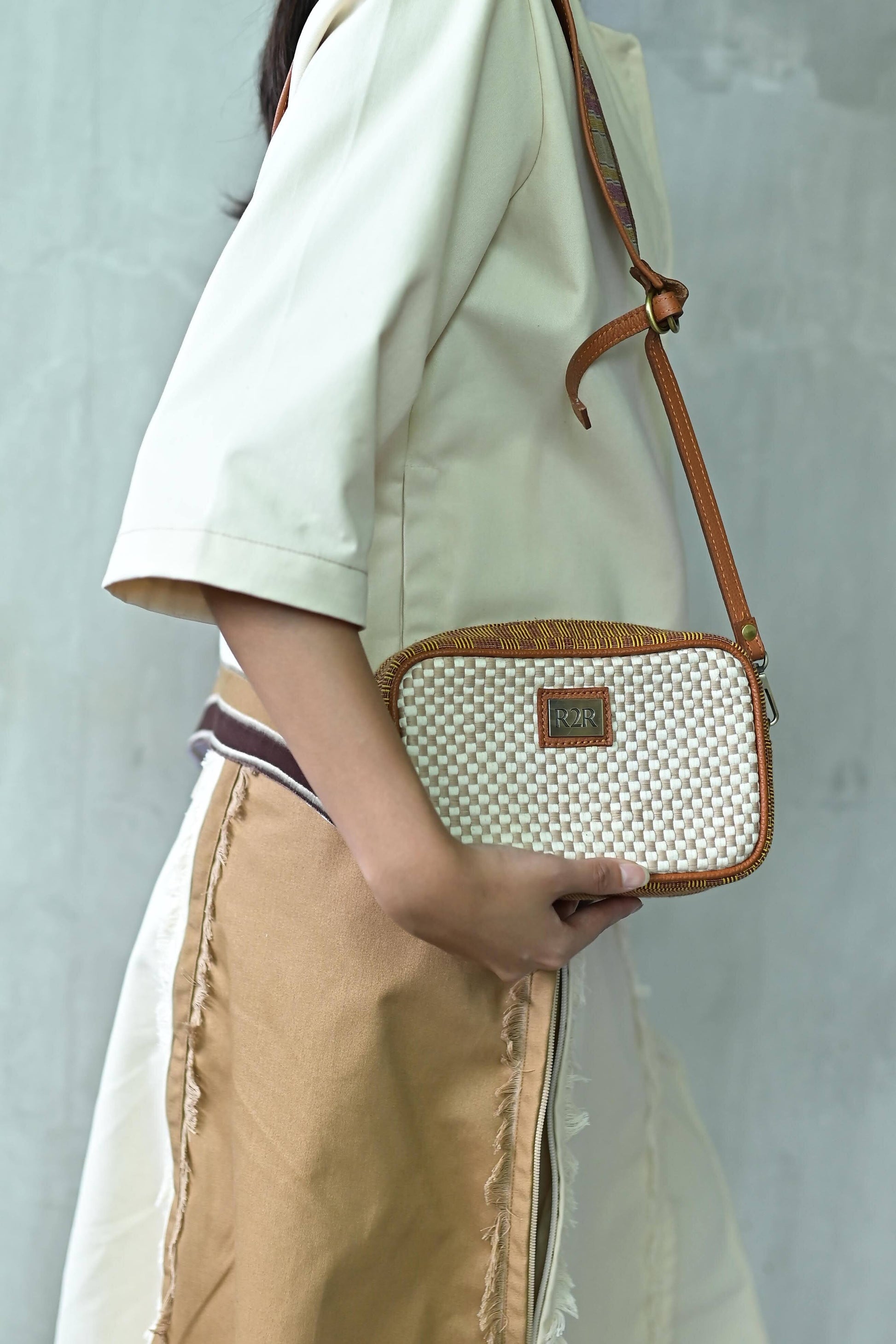 [Ready Today] Kamara Crossbody Tan & Beige Checkerboard Fashion Rags2Riches
