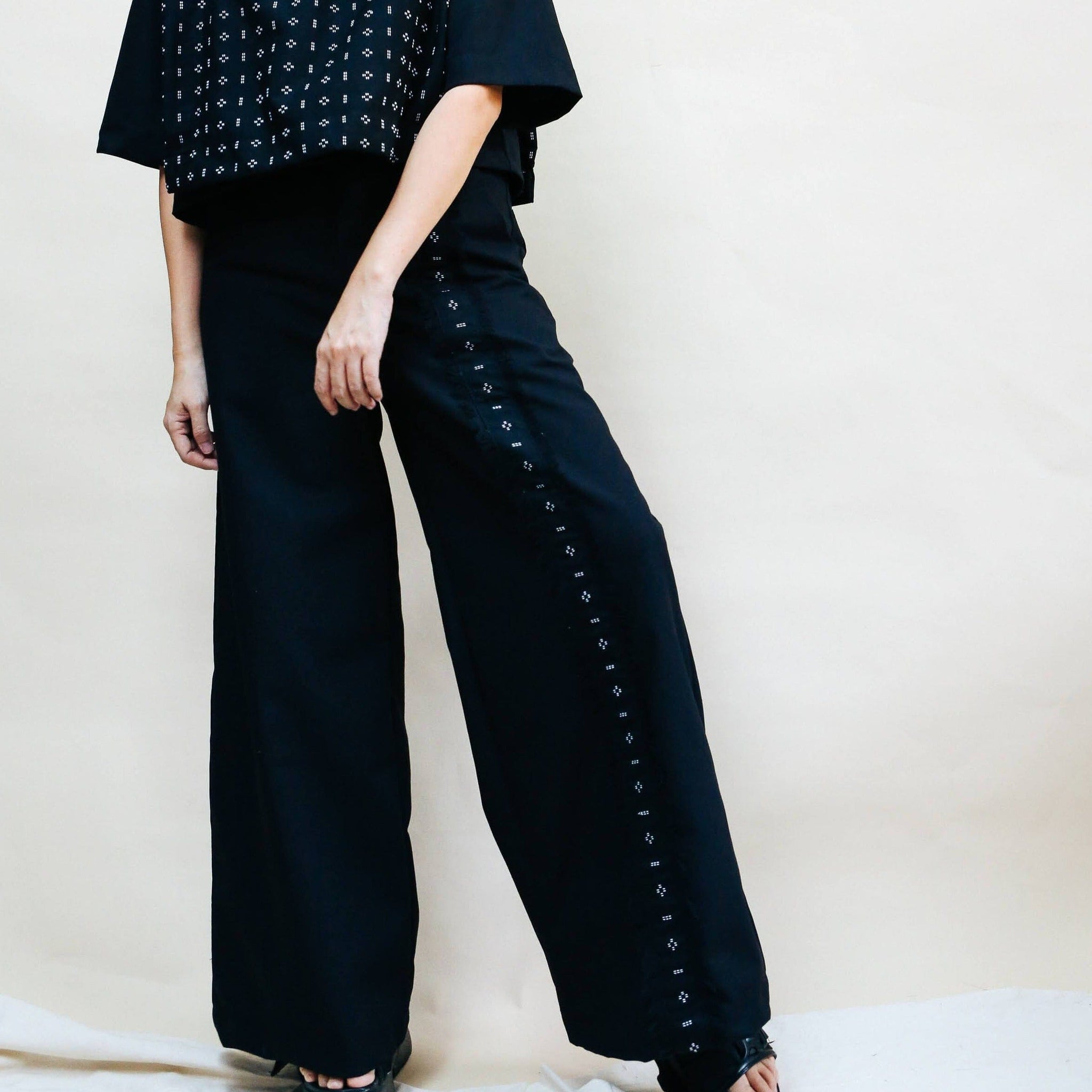 [Ready Today] Striped Wide-Legged Pants Black & Sinukitan Fashion Rags2Riches