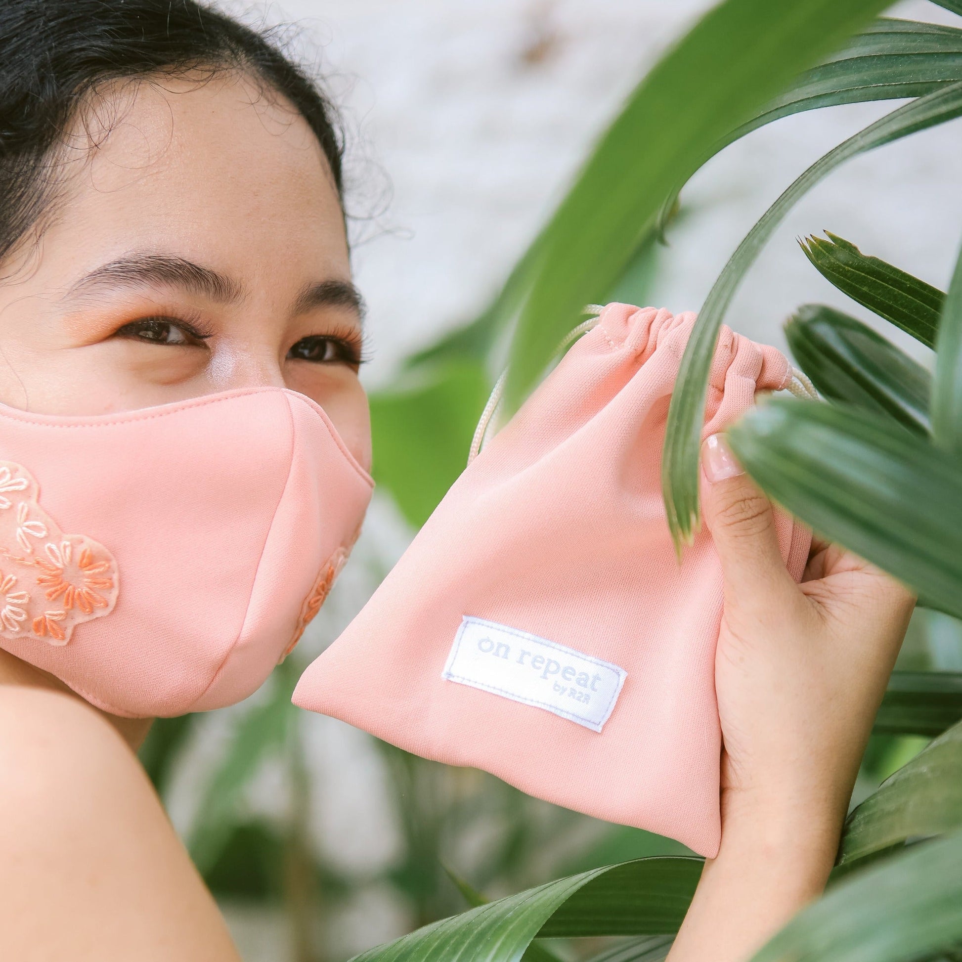 Embroidered Face Mask Peach Pink with Pouch [Weddings] Lifestyle Rags2Riches