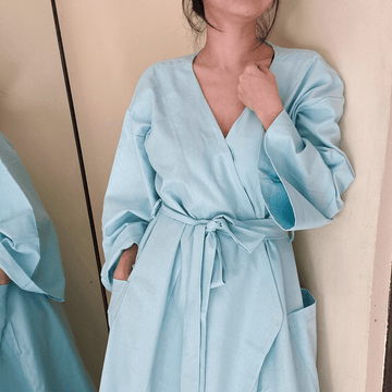 Linen Lounge Robe - Short Light Blue Fashion Rags2Riches