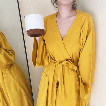Linen Lounge Robe - Short Mustard Fashion Rags2Riches