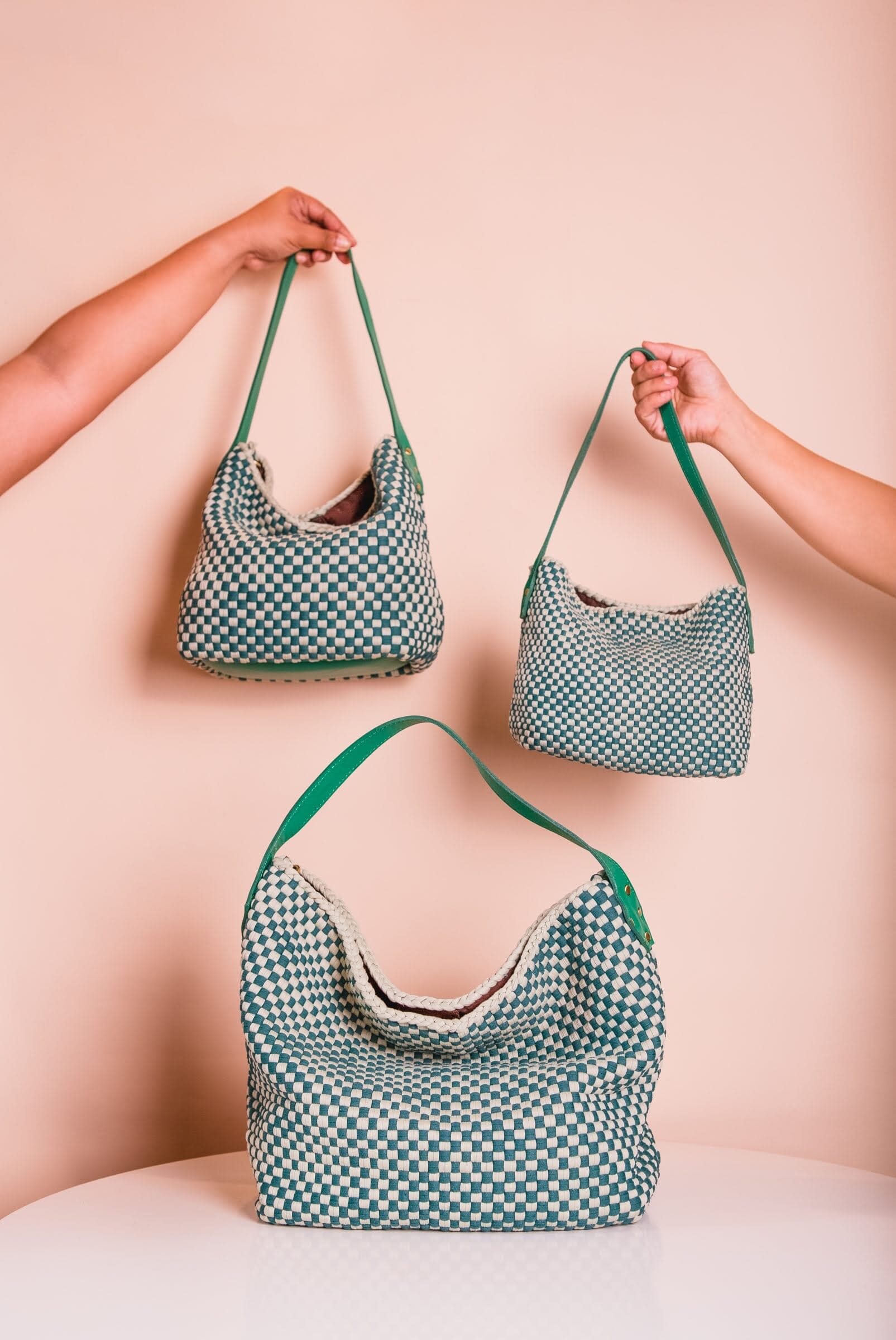 [Ready Today] Buslo Micro Checkerboard Emerald & Sage with Longer Handles Fashion Rags2Riches